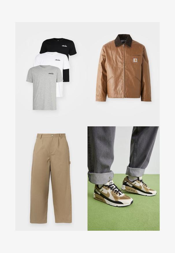 Brązowa kurtka o błyszczącej powierzchni, z ciemnym kołnierzem z kordurowej tkaniny, z zamkiem błyskawicznym, kieszeniami bocznymi oraz kieszenią na piersi z naszywką z logo.; Ellesse - T-shirt basic; Beżowe spodnie o szerokich nogawkach, wykonane z mieszanki bawełny, z wysokim stanem, fałdami z przodu oraz dwoma bocznymi kieszeniami zapinanymi na guziki.; Sneakers Nike Air Max 90 w kolorze beżowym i czarnym, wykonane z siateczki i skóry, z widoczną amortyzacją i czarnymi sznurówkami.