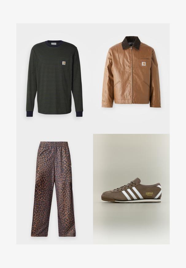 Brūna jaka ar spīdīgu apdari, kurai ir tumšs kordūra apkakle, ar rāvējslēdzēju, sānu kabatām un krūškurvja kabatu ar logotipa uzlīmi.; Carhartt WIP VERNER POCKET - Tops ar garām piedurknēm - dark navy/office green; Lāču raksta bikses ar elastīgu jostasvietu. Izgatavotas no spīdīga auduma, kurām ir brūna pamatne ar melniem plankumiem un brīvu piegriezumu.; Brūnas zamšādas kurpes ar trim baltām svītrām, plakanu gumijas zolīti, apaļu purngalu un zeltītu "adidas Italia" logotipu sānos.