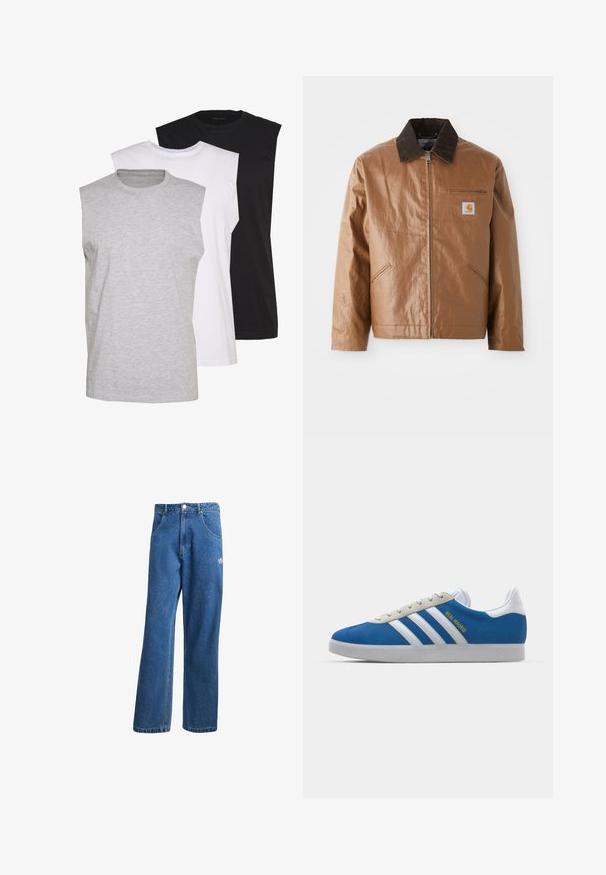 Brown jacket with a shiny finish, featuring a dark corduroy collar, zip closure, side pockets, and a chest pocket with a logo patch.; Three sleeveless t-shirts in gray, white, and black. Soft cotton material with a crew neck and relaxed fit. Simple design, no patterns.; Blue high-waist wide-leg denim jeans with front pockets, belt loops, button closure, and small Adidas logo on the right thigh.; adidas Originals ADIDAS GAZELLE SHOES - Indoor football boots - real madrid/bluebird/footwear white/crew yellow