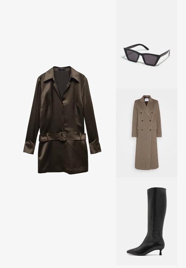 Kaksirivinen ruskea villakangastakki, jossa on viistetyt läpät, kaksi etutaskua ja kontrastoivat ruskeat napit. Pituus ulottuu puoleen sääristä.; Mango Paitamekko - khaki; Zign Saappaat - black; Mustat, kulmikkaat aurinkolasit harmailla linsseillä; valmistettu muovista, paksuilla varsilla, joissa on sileä pinta ja ilman näkyvää metalliosaa.