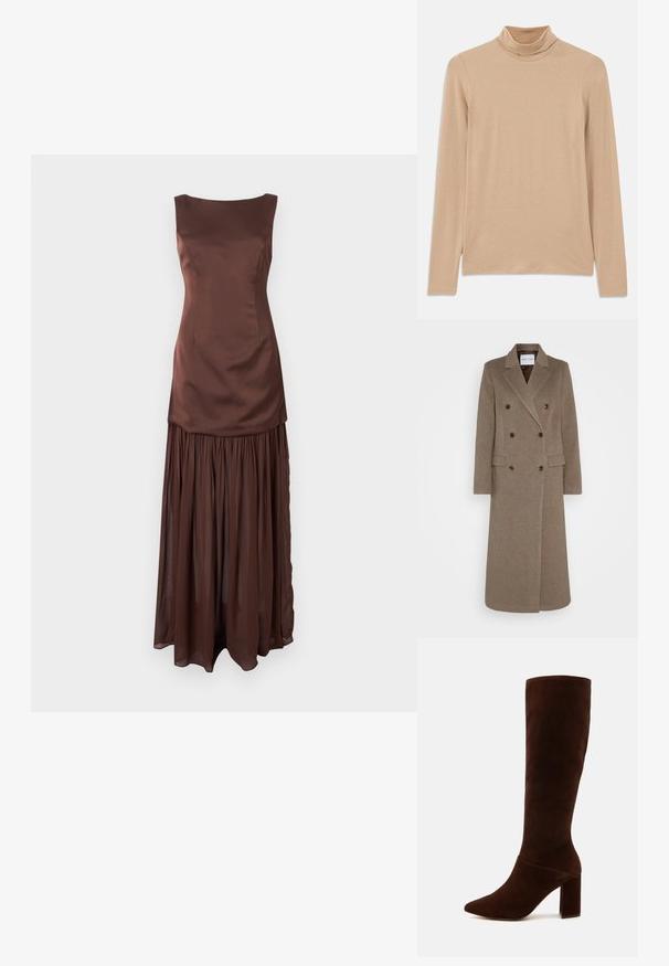 Casaco de lã castanho de duplo peito com lapelas recortadas, dois bolsos frontais e botões castanhos em contraste. O comprimento chega até à metade da panturrilha.; Vestido de cetim castanho com corpete ajustado e uma saia esvoaçante e franzida. Apresenta um decote barco e um tecido macio e texturizado.; Camisola bege de mangas compridas com gola alta, feita de um tecido macio e texturizado; apresenta um corte justo e gola alta. Sem padrões visíveis ou acessórios.; Bota de camurça castanha até ao joelho, com bico estreito e um salto quadrado robusto. Textura suave, com um cano ajustado e sem fechos visíveis.; Bolsa de camurça castanha com uma alça curta. Apresenta um logo prateado, um detalhe em forma de estrela e uma textura suave. Forma retangular compacta.