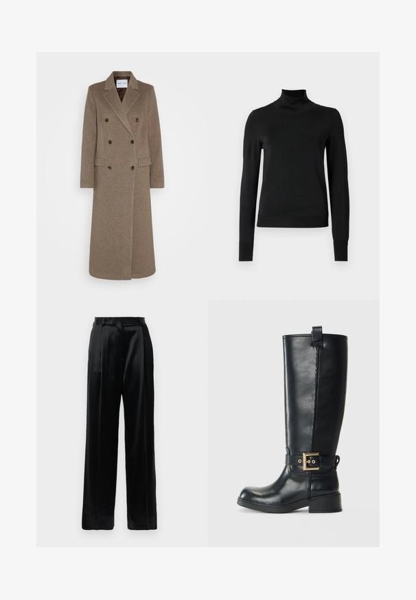 Dvojvrstni rjav volnen plašč z zareznimi ovratniki, dvema sprednjima žepoma in kontrastnimi rjavimi gumbi. Dolžina sega do polovičke meč.; Črni pulover s dolgimi rokavi in vratnikom, z rebrastimi манжетами in robom, prikazan na enobarvni beli podlagi.; Črne satenske hlače visoke pasu z ravnimi širokimi nogami, z zankami za pas in ravnim sprednjim zapiranjem na enobarvni beli podlagi.; Črne usnjene škornje do kolen z nizko blokasto peto, okrasnim zlatim paščkom okoli gležnja in z zanko za pomoč pri obuvanju na vrhu.