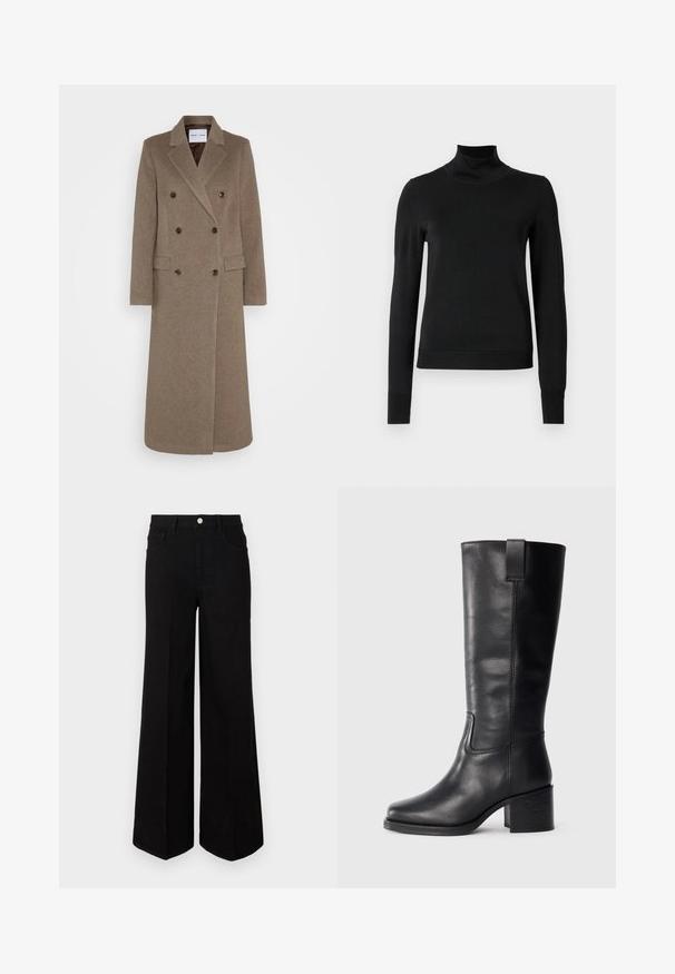 Dubbelzijdige bruine wollen jas met geknipte revers, twee zijzakken en contrasterende bruine knopen. De lengte reikt tot halverwege de kuit.; Zwarte trui met lange mouwen en col, voorzien van geribde manchetten en zoom, weergegeven op een effen witte achtergrond.; Zwarte wijde jeans gemaakt van stevig materiaal, met een hoge taille, voorzakken en een knopen sluiting aan de voorkant. Rechte zoom aan de onderkant.; Zwarte leren kniehoge laarzen met een gladde textuur, vierkante neus, blokhak en zijhandvat, met minimale stikseldetails.