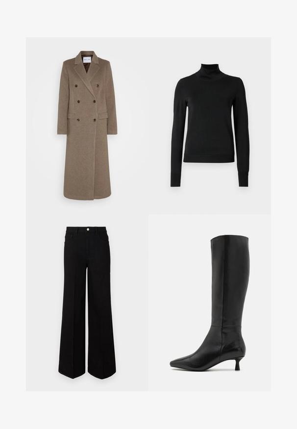 Dvigubos rudos vilnos švarko su įpjovomis apykaklėmis, dviem priekinėm kišenėm ir kontrastingais rudais mygtukais. Ilgis siekia vidurinę blauzdą.; Juoda ilgomis rankovėmis turtleneko tipo megztinis su rebruotomis rankovėmis ir apačia, eksponuojamas ant paprasto balto fono.; Juodi plačiakojai džinsai, pagaminti iš tvirto audinio, su aukštu juosmeniu, priekinėmis kišenėmis ir priekiniais mygtukais. Lygus hem pastatytoje apačioje.; Zign Batai - black