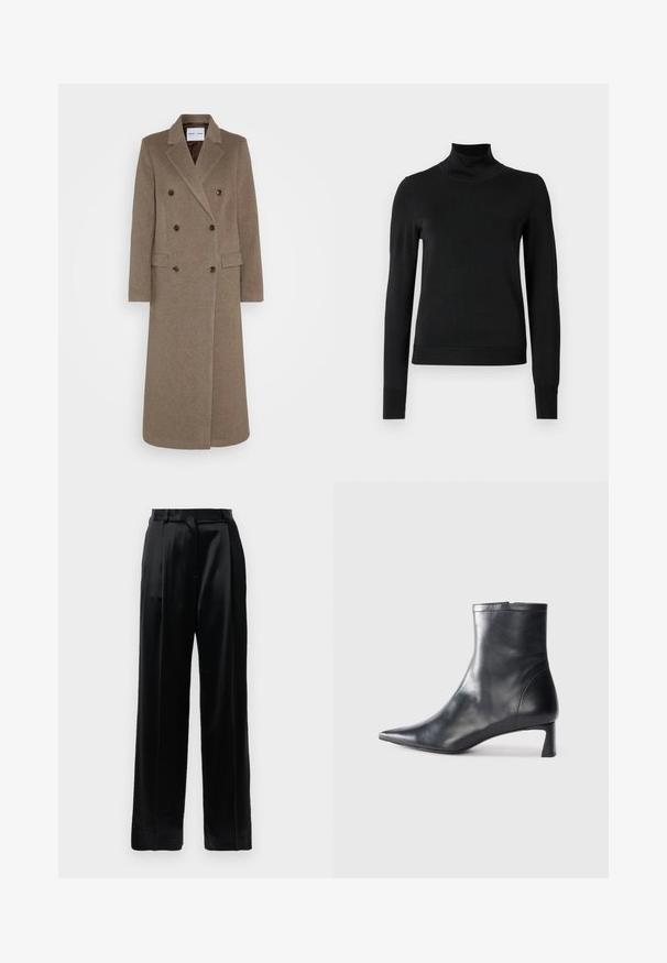 Palton din lână maro, cu două rânduri de nasturi și rever răsfrânt, două buzunare frontale și nasturi maro contrastanți. Lungimea ajunge până la jumătatea gambei.; Pulover negru cu mânecă lungă și guler tip colier, cu manșete și tiv cu elastic, expus pe un fundal alb simplu.; Pantaloni negri din satin, cu talie înaltă, picioare drepte și largi, cu bucle pentru curea și închidere plată, pe un fundal alb simplu.; Cizmă de gleznă din piele neagră cu vârf ascuțit și un design elegant. Dispune de un toc mic și de o închidere cu fermoar la spate. Textură netedă.