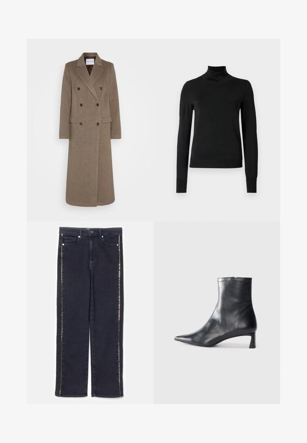 Double-breasted brown wool coat with notched lapels, two front pockets, and contrasting brown buttons. Length reaches mid-calf.; Black long-sleeve turtleneck sweater with ribbed cuffs and hem, displayed on a plain white background.; Dark denim jeans featuring a straight-leg design with a row of metallic studs along the side seams, providing a distinctive accent.; Black leather ankle boot with a pointed toe and a sleek design. Features a low heel and a zipper closure at the back. Smooth texture.