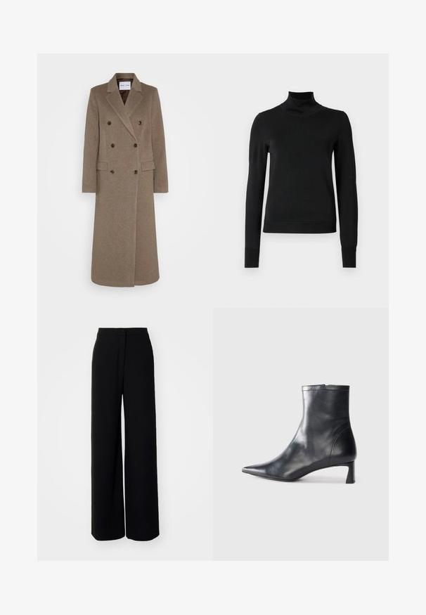 Manteau en laine marron à double boutonnage avec revers crantés, deux poches avant et boutons marron contrastants. Longueur atteignant le mollet.; Pull à col roulé noir à manches longues avec des poignets et un ourlet côtelés, présenté sur un fond blanc uni.; Pantalons larges noirs à taille haute, en tissu lisse, avec fermeture à bouton à l'avant et sans poches visibles, offrant une coupe tailleur.; Bottine en cuir noir avec un bout pointu et un design épuré. Présente un petit talon et une fermeture éclair à l'arrière. Texture lisse.
