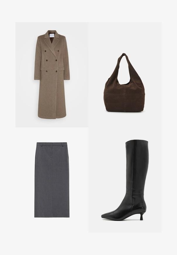 Doppelreiher brauner Wollmantel mit schmalen Revers, zwei vorderen Taschen und kontrastierenden braunen Knöpfen. Die Länge reicht bis zur Mitte der Waden.; Dunkelbrauner Strickpullover mit Rundhalsausschnitt, langen Ärmeln und geripptem Saum. Weiche Textur mit lockerer Passform, ideal zum Übereinandertragen.; Grauer Bleistiftrock, knielang, aus glattem Stoff. Hat eine schmale Passform mit flachem Bund und keine sichtbaren Verschlüsse oder Taschen.; Zign Stiefel - black; Braune Wildleder-Schultertasche im Hobo-Design. Sie verfügt über eine weit geöffnete Öffnung, eine weiche Textur und einen nahtlosen, abgerundeten Griff für ein bequemes Tragen.