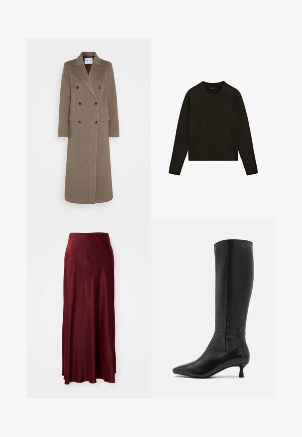 Brun uldfrakke med dobbelte knapper og klapkrave, to forlommer og kontrasterende brune knapper. Længden når midt på læggen.; Mørkebrun strikket sweater med rund hals, lange ærmer og ribbet kant. Blød tekstur med en afslappet pasform, velegnet til lag-på-lag.; Burgunderfarvet, lang maxiskørt lavet af blødt, let materiale med en let glans. Har en tætsiddende talje og et flagrende design.; Zign Høje støvler/ Støvler - black