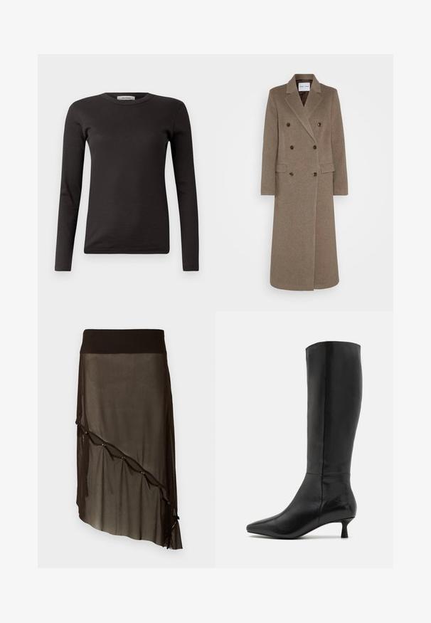 Double-breasted brown wool coat with notched lapels, two front pockets, and contrasting brown buttons. Length reaches mid-calf.; Dark brown knitted sweater with a crew neckline, long sleeves, and ribbed hem. Soft texture with a relaxed fit, suitable for layering.; Black long-sleeve ribbed t-shirt with a round neckline and a fitted design. Made from a soft cotton material, suitable for layering.; Black mesh skirt with a fitted waistband, asymmetrical hem, decorative buttons along the front, and layered sheer texture.; Zign Boots - black