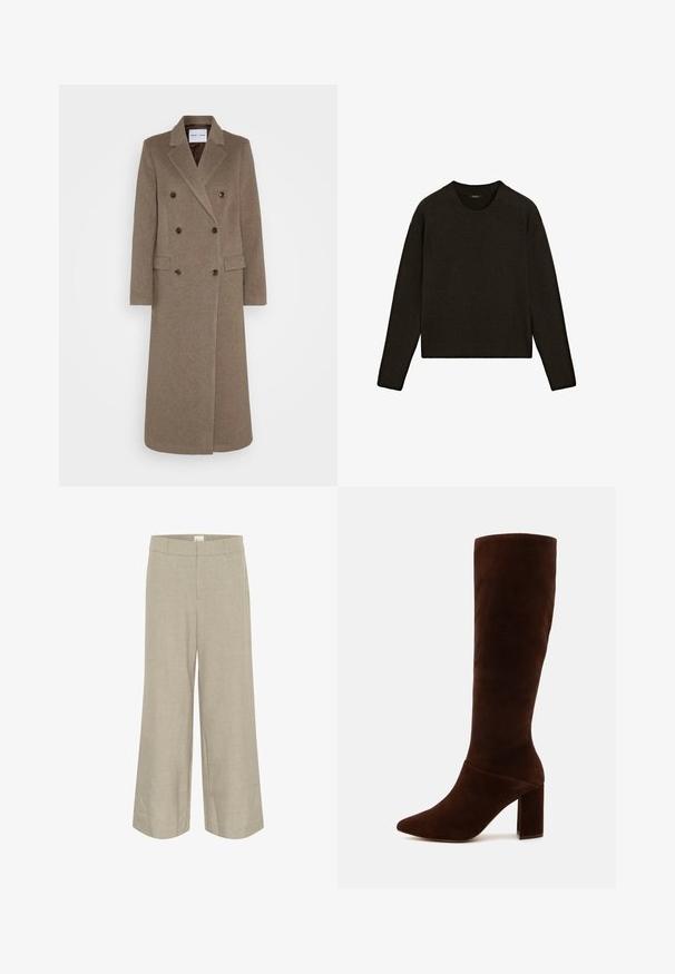 Dubbelzijdige bruine wollen jas met geknipte revers, twee zijzakken en contrasterende bruine knopen. De lengte reikt tot halverwege de kuit.; Donkerbruin gebreid trui met een ronde hals, lange mouwen en ribgebreide rand. Zachte textuur met een relaxte pasvorm, geschikt voor het dragen in lagen.; Lichtbeige wijde broek van een gestructureerde stof, met een gladde tailleband en zijzakken voor een relaxte pasvorm en look.; Bruine suède laarzen tot de knie met een puntige neus en een chunky vierkante hak. Gladde textuur met een strakke schacht en geen zichtbare sluitingen.