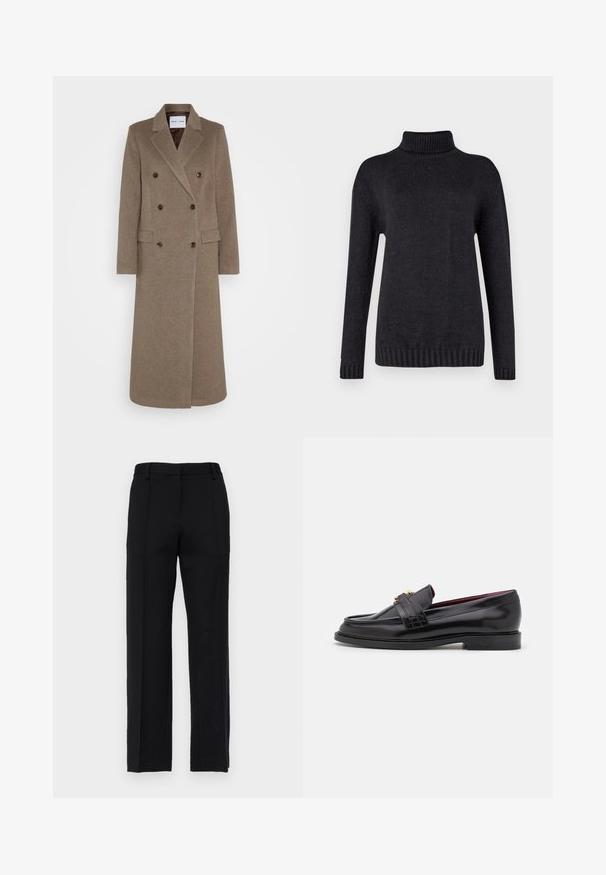 Kahe nööbiga pruun villa mantel, millel on soonilised kraed, kaks esist pocketit ja kontrastsed pruunid nööbid. Pikkus ulatub keskmise sääreni.; Tumehallid kõrge kaelusega sviitrid, mis on valmistatud tekstuuriga kudumist, pikkade varrukate ja soonikservadega.; Mustad, kohandatud püksid sirge säärega disainiga, kus on ees voldid ja tasane vöökoht. Valmistatud siledast, tekstureeritud kangast.; Mustad nahast loafers, millel on õmblustega muster, sile tekstuur, kuldne klamberdetail ja ümar varvas, paigutatud madalale mustale tallale.