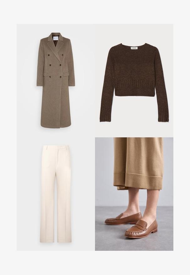 Dobbeltradet brun ullkåpe med spiss revers, to frontlommer og kontrasterende brune knapper. Lengden når til midt på leggen.; Brun ribbet cropped genser med rund hals og lange ermer. Laget av et teksturert strikket stoff. Merket leser "AERON."; Beige skreddersydde bukser med rette ben, laget av lett stoff. Har frontfolder og en klassisk midje.; MICHAEL Michael Kors CARLSON LOAFER - Slippers - brown