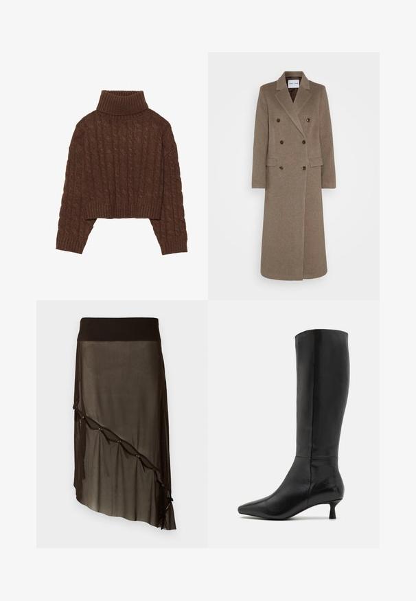 Dobbeltradet brun ullkåpe med spiss revers, to frontlommer og kontrasterende brune knapper. Lengden når til midt på leggen.; Brun cable-knit cropped genser med høy hals og lange ermer, med ribbestrikket kant og teksturert mønster gjennom hele.; Sort mesh skjørt med en tettsittende linning, asymmetrisk kant, dekorative knapper langs fronten og lagdelt gjennomsiktig tekstur.; Zign Støvler - black