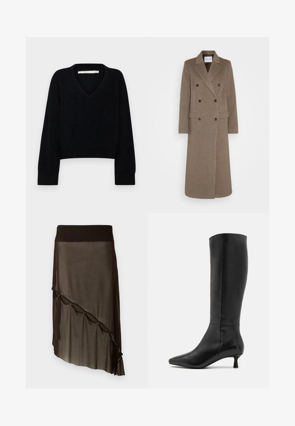 Doppelreiher brauner Wollmantel mit schmalen Revers, zwei vorderen Taschen und kontrastierenden braunen Knöpfen. Die Länge reicht bis zur Mitte der Waden.; Schwarzer, kurzer Pullover mit V-Ausschnitt und langen Ärmeln. Aus weichem Stoff mit strukturiertem Finish gefertigt. Minimalistisches Design, keine sichtbaren Beschläge.; Schwarzer Mesh-Rock mit einem taillierten Bund, asymmetrischem Saum, dekorativen Knöpfen an der Vorderseite und geschichteter transparenter Textur.; Zign Stiefel - black