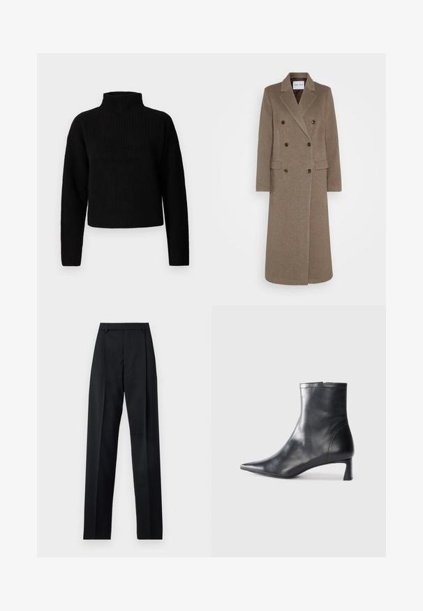 Doppelreiher brauner Wollmantel mit schmalen Revers, zwei vorderen Taschen und kontrastierenden braunen Knöpfen. Die Länge reicht bis zur Mitte der Waden.; Schwarzer, gerippter Rollkragenpullover mit langen Ärmeln und cropped Design. Die Textur wirkt dick und gestrickt, ohne sichtbare Muster oder Verzierungen.; Schwarze Hosen aus glattem Stoff mit hoher Taille, weitem Bein, vorderen Falten und klassischen Gürtelschlaufen. Keine sichtbaren Seitentaschen.; Schwarze Lederstiefelette mit spitzer Zehe und schlankem Design. Verfügt über einen niedrigen Absatz und einen Reißverschluss hinten. Glatte Textur.