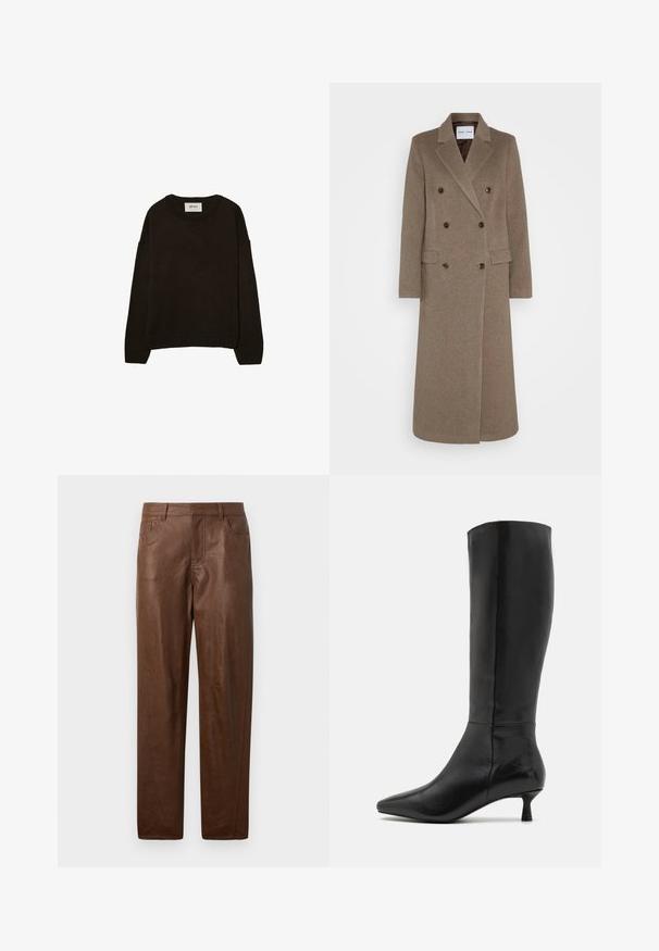 Dvojitě zapínaný hnědý vlněný kabát s klopami, dvěma předními kapsami a kontrastními hnědými knoflíky. Délka kabátu dosahuje do poloviny lýtek.; Tmavě hnědý pletený svetr s kulatým výstřihem, spadlými rameny, vroubkovanými manžetami a lemem, s měkkou texturou a volným střihem.; Hnědé kožené kalhoty s hladkou texturou, rovný střih a dvě postranní kapsy. Obsahují viditelné švy.; Zign Vysoká obuv - black