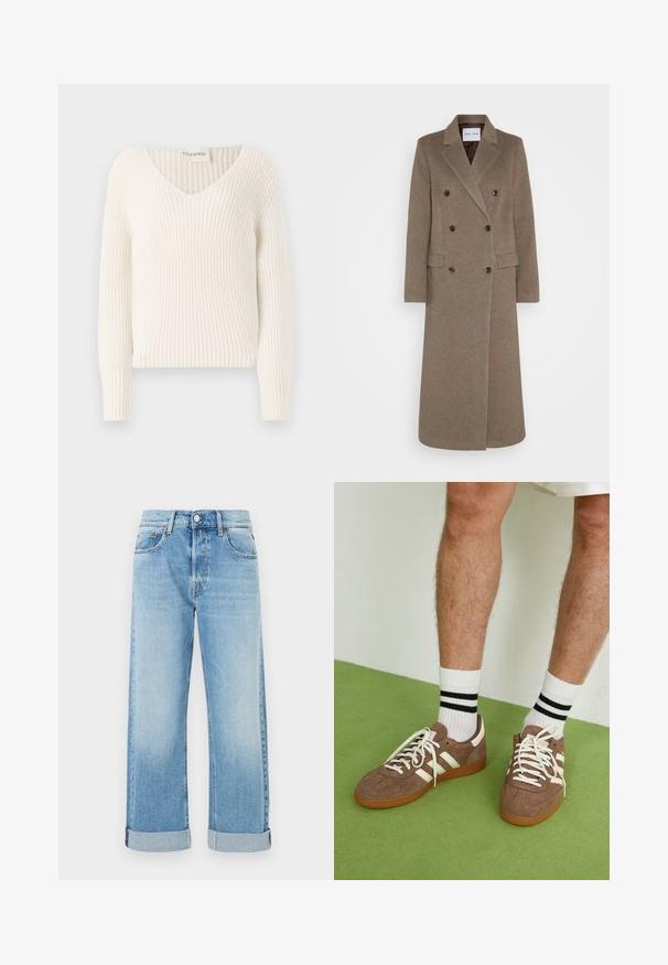 Dvojitě zapínaný hnědý vlněný kabát s klopami, dvěma předními kapsami a kontrastními hnědými knoflíky. Délka kabátu dosahuje do poloviny lýtek.; Bílý pletený svetr s vroubkovaným vzorem, výstřihem do V, dlouhými rukávy a volným střihem. Na límci je štítek s nápisem "CLOSED".; Světlé modré denimové džíny se střihem rovného nohavice, které mají pět kapes, zapínání na knoflík a ohrnuté manžety u spodního lemu.; Hnědé semišové tenisky s bílými akcenty a tkaničkami. Gumová podrážka. Nošeny s bílými ponožkami s černými pruhy. Zelená strukturovaná podlaha.