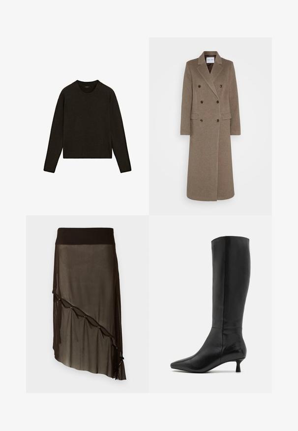Podwójnie zapięty brązowy wełniany płaszcz z klapami, dwoma przednimi kieszeniami i kontrastowymi brązowymi guzikami. Długość sięga do połowy łydki.; Ciemnobrązowy sweter z dzianiny z okrągłym dekoltem, długimi rękawami i ściągaczem na dole. Miękka tekstura, luźny krój, idealny do noszenia w warstwach.; Czarna siateczkowa spódnica z dopasowanym pasem, asymetrycznym dołem, dekoracyjnymi guzikami z przodu oraz warstwową przezroczystą teksturą.; Zign - Kozaki