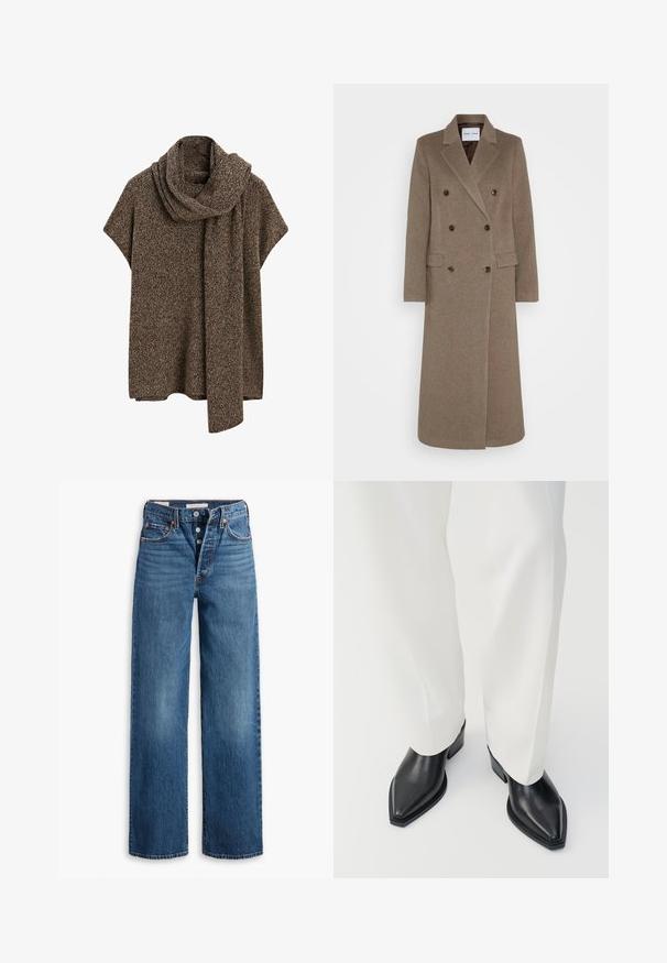 Dubbelzijdige bruine wollen jas met geknipte revers, twee zijzakken en contrasterende bruine knopen. De lengte reikt tot halverwege de kuit.; Bruin en grijs gemêleerd gebreid poncho met korte mouwen en een lange sjaal die om de nek is gedrapeerd.; Blauwe denim jeans met een wijduitlopende ontwerp, vijf zakken, knoopsluiting en contrasterende stiksels. Gestructureerde stof met een vervaagde afwerking.; Zwarte puntige enkellaarzen met een gladde leren afwerking, lage blokhakken, gecombineerd met witte wijde broekspijpen. Eenvoudig en modern design.