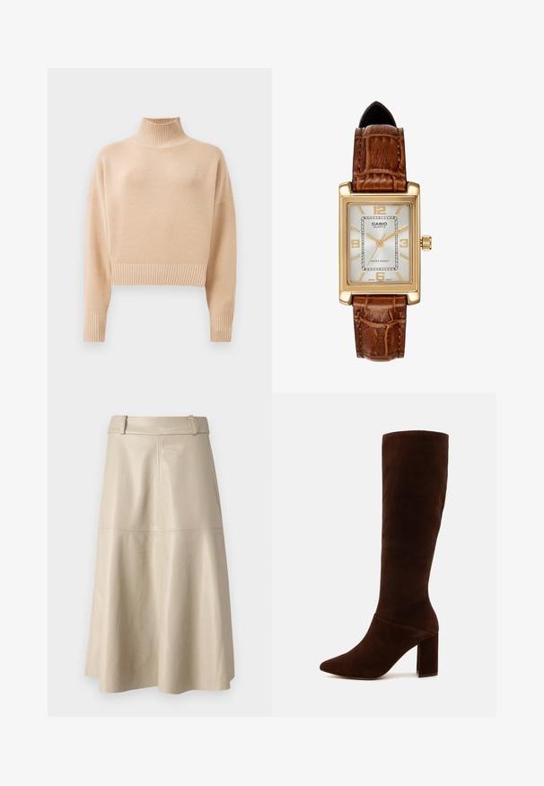 Cappotto in lana marrone doppiopetto con rever a punta, due tasche frontali e bottoni marroni a contrasto. La lunghezza raggiunge la metà del polpaccio.; Maglione cropped beige con colletto a lupetto e polsini a coste. Texture morbida, design minimale, con un discreto dettaglio del logo sul petto.; Gonna midi in pelle beige con una texture liscia, vita ampia e orlo svasato; presenta cuciture per un dettaglio aggiuntivo.; Stivale marrone in suede alto fino al ginocchio con punta affilata e tacco quadrato spesso. Texture liscia con gambale aderente e senza chiusure visibili.; Orologio al quarzo Casio con cassa rettangolare dorata, quadrante bianco, indicatori delle ore dorati e cinturino in pelle marrone con motivo coccodrillo. Impermeabile.
