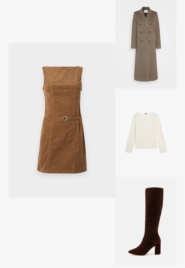 Doppelreiher brauner Wollmantel mit schmalen Revers, zwei vorderen Taschen und kontrastierenden braunen Knöpfen. Die Länge reicht bis zur Mitte der Waden.; Langärmliger, schlichter weißer Pullover mit rundem Halsausschnitt und geradem Saum, auf einem weißen Hintergrund präsentiert.; Braunes Cordstoffkleid mit quadratischem Ausschnitt, ärmellosem Design, tailliertem Oberteil und einem Gürtel mit silbernem, rundem Verschlussdetail.; Braune Wildlederstiefel bis zum Knie mit spitzer Zehe und einem stabilen, quadratischen Absatz. Glatte Textur mit einem enganliegenden Schaft und ohne sichtbare Verschlüsse.; Braune Wildleder-Handtasche mit einem kurzen Trageriemen. Ausgestattet mit einem silbernen Logo, einem Stern-Akzent und einer glatten Textur. Kompakte rechteckige Form.
