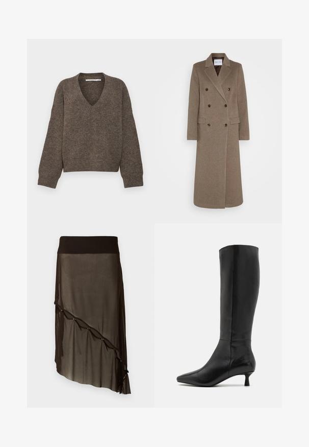 Palton din lână maro, cu două rânduri de nasturi și rever răsfrânt, două buzunare frontale și nasturi maro contrastanți. Lungimea ajunge până la jumătatea gambei.; Pulover maro cu decolteu în V, cu mâneci lungi, ușor bufante, realizat dintr-un material tricotat texturat, având o siluetă croită.; Fustă din plasă neagră, cu un talie ajustată, hem asymetric, nasturi decorativi pe față și textură transparentă în straturi.; Zign Cizme - black