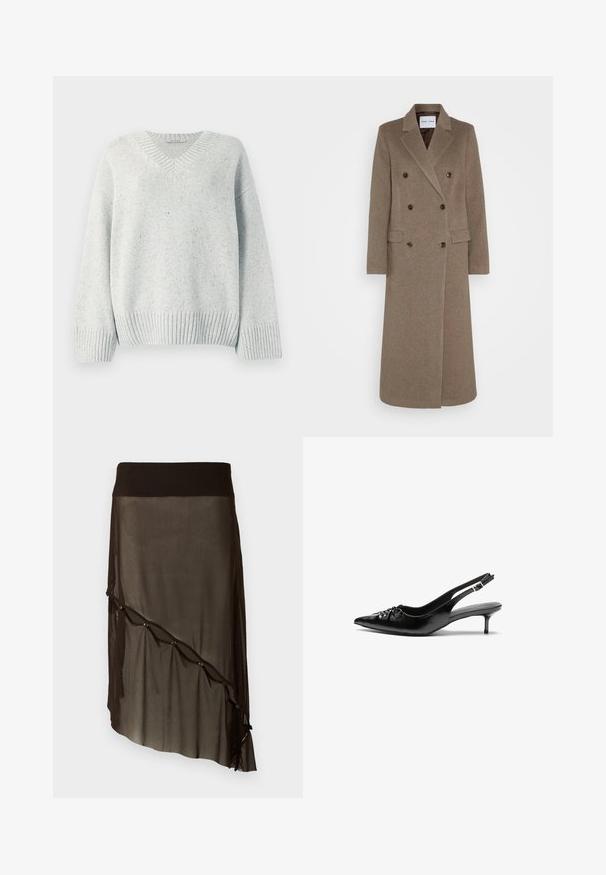 Casaco de lã castanho de duplo peito com lapelas recortadas, dois bolsos frontais e botões castanhos em contraste. O comprimento chega até à metade da panturrilha.; Suéter de malha cinza claro com decote em V, bainha e mangas caneladas. Apresenta um tecido texturizado com pequenas manchas sutis por toda a parte.; Saia preta em rede com uma cintura ajustada, hemline assimétrica, botões decorativos à frente e textura translúcida em camadas.; Sapatos de salto alto slingback em couro preto com bico fino, pequeno salto kitten e um detalhe decorativo em forma de nó na parte da frente. Textura suave em toda a parte.