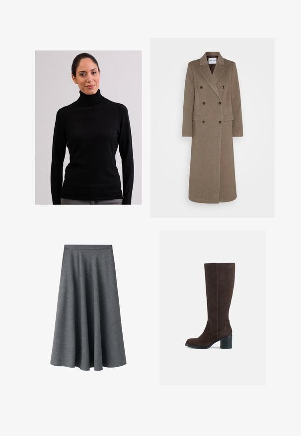 Dubbelzijdige bruine wollen jas met geknipte revers, twee zijzakken en contrasterende bruine knopen. De lengte reikt tot halverwege de kuit.; CASH-MERE CASH-MERE ROLLKRAGEN PULLOVER - Trui - schwarz; Grijze A-lijn midi rok van een getextureerde wolmix stof. Heeft een hoge tailleband en een vloeiende, uitlopende silhuet.; Bruine suède kniehoge laarzen met een blokhak en een gladde afwerking. Ronde neus en duidelijke naden op de schacht.