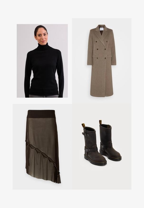 Podwójnie zapięty brązowy wełniany płaszcz z klapami, dwoma przednimi kieszeniami i kontrastowymi brązowymi guzikami. Długość sięga do połowy łydki.; CASH-MERE CASH-MERE ROLLKRAGEN PULLOVER - Sweter; Czarna siateczkowa spódnica z dopasowanym pasem, asymetrycznym dołem, dekoracyjnymi guzikami z przodu oraz warstwową przezroczystą teksturą.; Ciemnobrązowe skórzane buty z projektu do połowy łydki, żółte szwy, regulowane paski z klamrami oraz pętle do zakupu na górze. Teksturowane wykończenie.