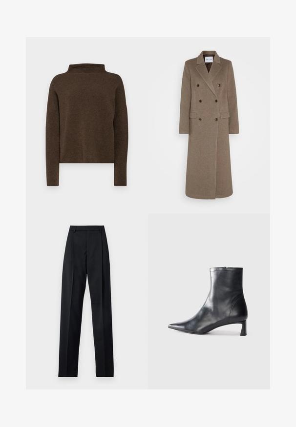 Kaksirivinen ruskea villakangastakki, jossa on viistetyt läpät, kaksi etutaskua ja kontrastoivat ruskeat napit. Pituus ulottuu puoleen sääristä.; Ruskea, väärä kaula-aukko pullover-neulepaita, joka on valmistettu pehmeästä, rakenteellisesta kankaasta. Ominaisuuksiin kuuluu pitkät hihat ja rento istuvuus, jossa on laskeutuvat olkaimet.; Musta housut, jotka on valmistettu sileästä kankaasta ja joissa on korkea vyötärö, leveät lahkeet, etukaarteet ja klassiset vyölenkit. Ei näkyviä sivutaskuja.; Musta nahkainen nilkkabotti, jossa on teräväkärkinen muotoilu ja tyylikäs design. Varusteena matala korko ja takana vetoketjukiinnitys. Sileä pinta.