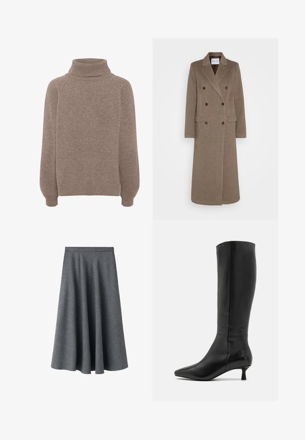 Dvojitě zapínaný hnědý vlněný kabát s klopami, dvěma předními kapsami a kontrastními hnědými knoflíky. Délka kabátu dosahuje do poloviny lýtek.; Hnědý pletený svetr s vysokým rolákem, raglánovými rukávy a vroubkovanými manžetami. Měkká textura s uvolněným střihem. Žádné viditelné vzory ani akcenty.; Šedá midi sukně ve tvaru A vyrobená z texturované směsi vlny. Má vysoký pas a splývavou, rozšířenou siluetu.; Zign Vysoká obuv - black
