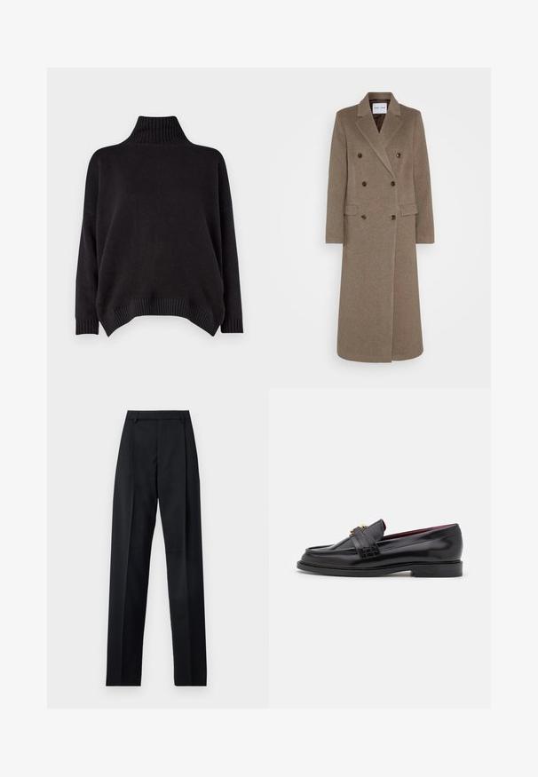 Dobbeltradet brun ullkåpe med spiss revers, to frontlommer og kontrasterende brune knapper. Lengden når til midt på leggen.; Weekend Max Mara BORGIA - Strikkegenser - nero; Svarte bukser laget av glatt stoff, med høy midje, vide ben, frontfolder og klassiske beltehemper. Ingen synlige sidelommer.; Sorte skinnloafer med en sydd mønster, glatt tekstur, gullspenne, og rund tå, plassert på en lav svart såle.