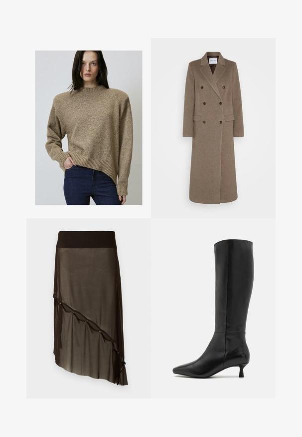 Abrigo de lana marrón de doble botonadura con solapas muesca, dos bolsillos delanteros y botones marrones contrastantes. La longitud alcanza la mitad de la pantorrilla.; Suéter beige texturizado con un cuello alto, puños y dobladillo acanalados, y un corte ligeramente asimétrico. Combina con jeans azul oscuro.; Falda de malla negra con una cinturilla ajustada, dobladillo asimétrico, botones decorativos en la parte delantera y textura transparente en capas.; Zign Botas - black