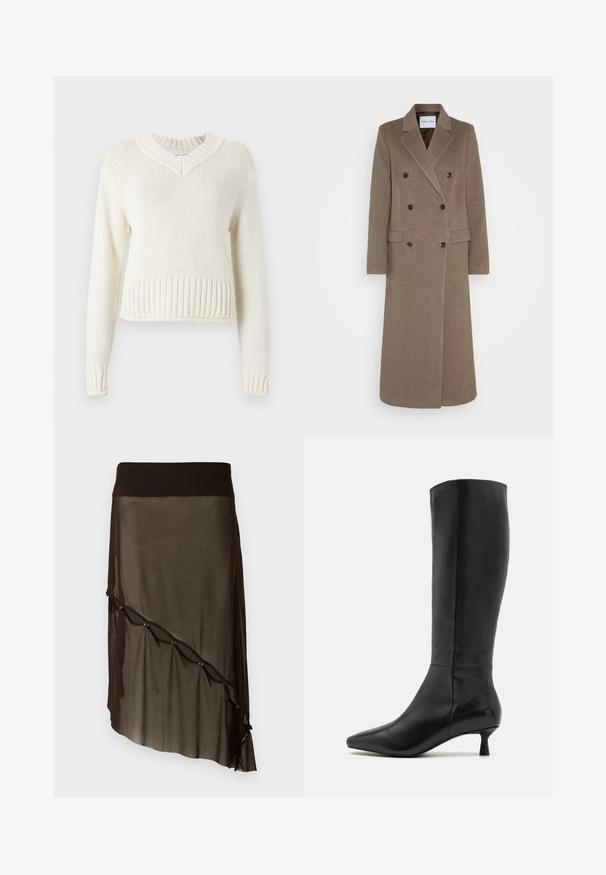 Palton din lână maro, cu două rânduri de nasturi și rever răsfrânt, două buzunare frontale și nasturi maro contrastanți. Lungimea ajunge până la jumătatea gambei.; Pulover tricotat de culoare crem, cu decolteu în V, margine cu dungi rib și mâneci lungi. Fabricat dintr-un material texturat, având o siluetă boxy.; Fustă din plasă neagră, cu un talie ajustată, hem asymetric, nasturi decorativi pe față și textură transparentă în straturi.; Zign Cizme - black
