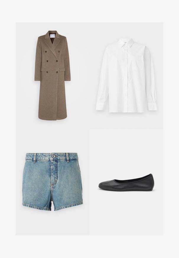 Dvojvrstni rjav volnen plašč z zareznimi ovratniki, dvema sprednjima žepoma in kontrastnimi rjavimi gumbi. Dolžina sega do polovičke meč.; Bela srajca z dolgimi rokavi iz bombaža, z klasičnim ovratnikom, gumbnim zapiranjem in enim žepom na levi strani.; Denim kratke hlače v svetlo modri barvi z bledim vzorcem, ravnega kroja in obrobljenimi robovi. Imajo sprednji gumb in klasičen 5-žepni dizajn.; Črne usnjene balerinke z zaobljenim nosom, gladko teksturo, minimalnimi šivi in fleksibilno zasnovo podplata.