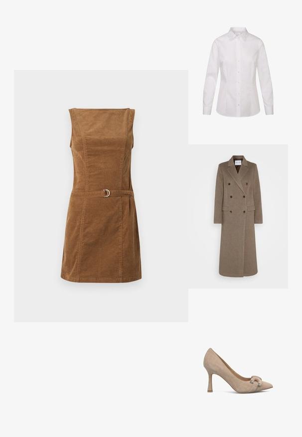 Podwójnie zapięty brązowy wełniany płaszcz z klapami, dwoma przednimi kieszeniami i kontrastowymi brązowymi guzikami. Długość sięga do połowy łydki.; Biała koszula z długim rękawem, uszyta z gładkiego materiału, z klasycznym kołnierzykiem, zapięciem na guziki z przodu oraz dopasowanym krojem.; Brązowa sukienka z korduroju o kwadratowym dekolcie, bez rękawów, dopasowana w talii, z paskiem ozdobionym okrągłym srebrnym elementem.; Beżowe zamszowe szpilki z długim noskiem, z detalem w postaci węzła i srebrnymi akcentami z przodu, smukły design obcasa.; Brązowa torebka z zamszu z krótkim paskiem. Posiada srebrne logo, akcent w kształcie gwiazdy oraz gładką teksturę. Kompaktowy prostokątny kształt.