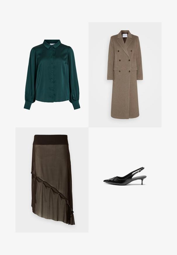 Casaco de lã castanho de duplo peito com lapelas recortadas, dois bolsos frontais e botões castanhos em contraste. O comprimento chega até à metade da panturrilha.; Blusa de cetim verde escuro com gola, botões à frente e mangas longas com volume. Apresenta uma textura suave e um corte ajustado.; Saia preta em rede com uma cintura ajustada, hemline assimétrica, botões decorativos à frente e textura translúcida em camadas.; Sapatos de salto alto slingback em couro preto com bico fino, pequeno salto kitten e um detalhe decorativo em forma de nó na parte da frente. Textura suave em toda a parte.