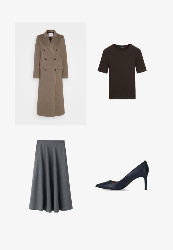 Podwójnie zapięty brązowy wełniany płaszcz z klapami, dwoma przednimi kieszeniami i kontrastowymi brązowymi guzikami. Długość sięga do połowy łydki.; Ciemnobrązowy t-shirt z krótkim rękawem i okrągłym dekoltem, prosty wzór z prążkowanym wykończeniem dekoltu, z metką Massimo Dutti na kołnierzyku.; Szara spódnica midi A-linia wykonana z teksturowanej mieszanki wełny. Posiada wysoką talię i swobodny, rozkloszowany kształt.; Granatowe szpilki wykonane z gładkiej skóry, z ostrym noskiem i smukłym obcasem. Prosty design bez dodatkowych ozdobników.