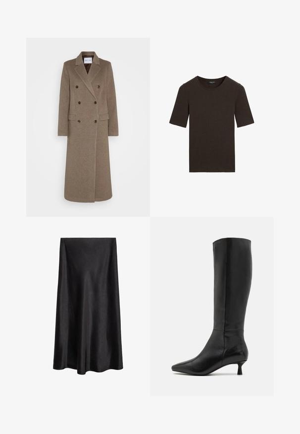 Dvojitě zapínaný hnědý vlněný kabát s klopami, dvěma předními kapsami a kontrastními hnědými knoflíky. Délka kabátu dosahuje do poloviny lýtek.; Hnědé tričko s krátkým rukávem a kulatým výstřihem, jednoduchý design s žebrovaným límcem, označeno značkou Massimo Dutti na límci.; Mango Áčková sukně - black; Zign Vysoká obuv - black