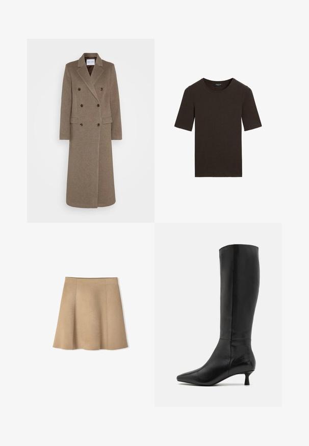Cappotto in lana marrone doppiopetto con rever a punta, due tasche frontali e bottoni marroni a contrasto. La lunghezza raggiunge la metà del polpaccio.; T-shirt a maniche corte color marrone scuro, con scollo rotondo, design semplice e colletto a costine, etichettato Massimo Dutti all'interno del colletto.; Gonna a maglia beige con silhouette svasata, caratterizzata da cuciture verticali e una texture morbida. L'orlo cade sopra la metà della coscia.; Zign Stivali alti - black
