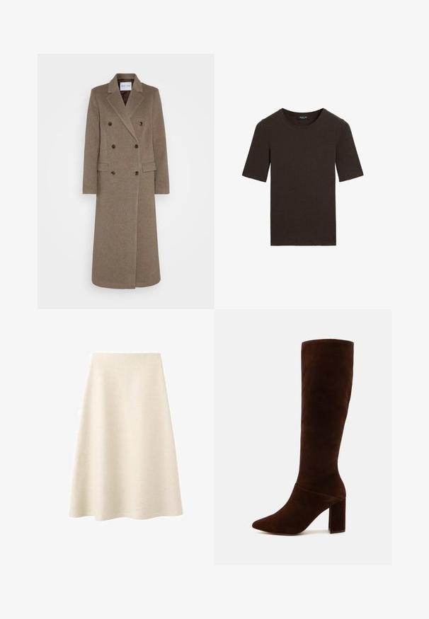 Doppelreiher brauner Wollmantel mit schmalen Revers, zwei vorderen Taschen und kontrastierenden braunen Knöpfen. Die Länge reicht bis zur Mitte der Waden.; Dunkelbraunes Kurzarm-T-Shirt mit Rundhalsausschnitt, schlichtes Design mit geripptem Kragen, mit dem Etikett Massimo Dutti am Kragen.; Ein cremefarbener A-Linien-Rock aus strukturiertem Stoff, mit glatter Oberfläche und weit auslaufender Form, geeignet für Freizeit- oder formelle Anlässe.; Braune Wildlederstiefel bis zum Knie mit spitzer Zehe und einem stabilen, quadratischen Absatz. Glatte Textur mit einem enganliegenden Schaft und ohne sichtbare Verschlüsse.