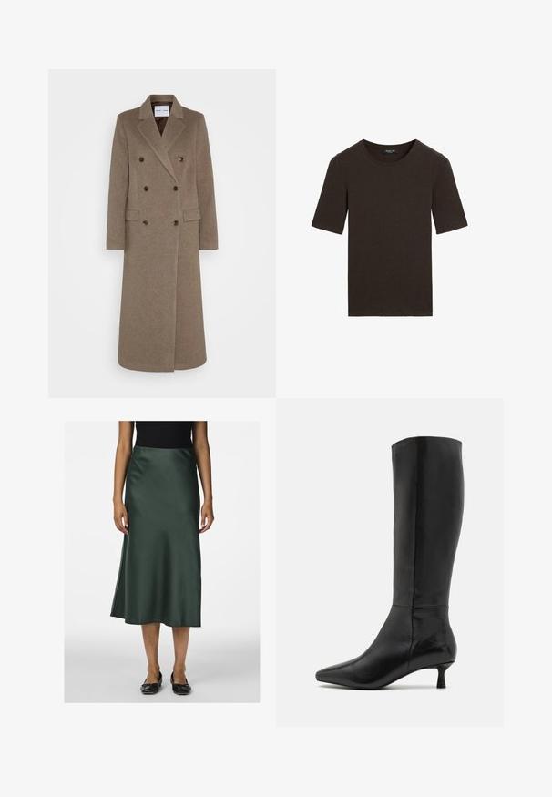 Brun uldfrakke med dobbelte knapper og klapkrave, to forlommer og kontrasterende brune knapper. Længden når midt på læggen.; Mørkebrun kortærmet t-shirt med rund hals, enkel design med ribbet krave, mærket Massimo Dutti ved kraven.; Satin grøn midi nederdel med en glat tekstur, let udvidet kant og en sideslids, parret med sorte flade sko.; Zign Høje støvler/ Støvler - black