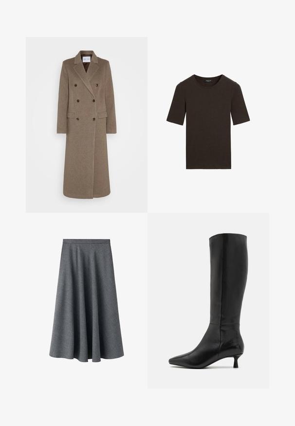 Doppelreiher brauner Wollmantel mit schmalen Revers, zwei vorderen Taschen und kontrastierenden braunen Knöpfen. Die Länge reicht bis zur Mitte der Waden.; Dunkelbraunes Kurzarm-T-Shirt mit Rundhalsausschnitt, schlichtes Design mit geripptem Kragen, mit dem Etikett Massimo Dutti am Kragen.; Grauer A-Linien-Midirock aus strukturiertem Wollmischgewebe. Verfügt über einen hohen Taillenbund und eine fließende, ausgestellte Silhouette.; Zign Stiefel - black