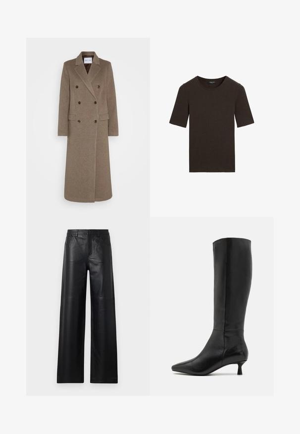 Cappotto in lana marrone doppiopetto con rever a punta, due tasche frontali e bottoni marroni a contrasto. La lunghezza raggiunge la metà del polpaccio.; T-shirt a maniche corte color marrone scuro, con scollo rotondo, design semplice e colletto a costine, etichettato Massimo Dutti all'interno del colletto.; Pantaloni in pelle nera a gamba larga con una texture liscia, dotati di tasche frontali, chiusura a bottone e dettagli di cucitura sottili.; Zign Stivali alti - black