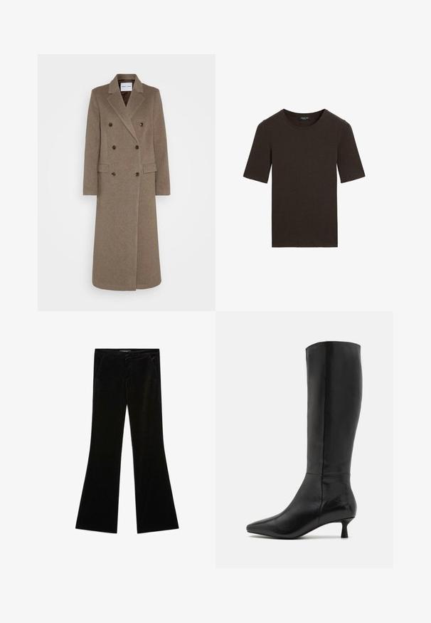 Doppelreiher brauner Wollmantel mit schmalen Revers, zwei vorderen Taschen und kontrastierenden braunen Knöpfen. Die Länge reicht bis zur Mitte der Waden.; Dunkelbraunes Kurzarm-T-Shirt mit Rundhalsausschnitt, schlichtes Design mit geripptem Kragen, mit dem Etikett Massimo Dutti am Kragen.; Schwarze Samtglanz-Hose mit ausgestelltem Schnitt, glatter Textur, zwei vorderen Taschen und einer taillierten Passform, entworfen für eine schlanke Silhouette.; Zign Stiefel - black