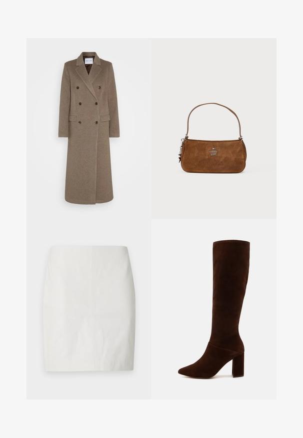 Palton din lână maro, cu două rânduri de nasturi și rever răsfrânt, două buzunare frontale și nasturi maro contrastanți. Lungimea ajunge până la jumătatea gambei.; Bluză bej cu mâneci lungi și guler înalt, confecționată dintr-un material moale și texturat; are o croială slim și un decolteu înalt. Fără modele vizibile sau accesorii.; Fustă mini din piele albă cu croială strâmtă, textură netedă și design curat, cu cusături minime și fără accesorii vizibile.; Botă înaltă din suede maro, cu vârf ascuțit și toc pătrat robust. Textură netedă, cu un guler ajustat și fără închideri vizibile.; Geantă din suede de culoare maro, cu o curea scurtă. Prezintă un logo argintiu, un accent în formă de stea și o textură netedă. Formă compactă, dreptunghiulară.