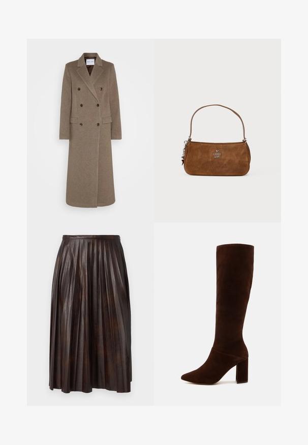 Dobbeltradet brun ullkåpe med spiss revers, to frontlommer og kontrasterende brune knapper. Lengden når til midt på leggen.; Beige langermet genser med høy hals laget av myk, teksturert stoff; har en slim fit og høy krage. Ingen synlige mønstre eller maskinvare.; Brun plissert midi skjørt laget av lær, med midjebånd og flytende silhuett med vertikale folder gjennom hele stoffet.; Brune suede høye støvler med spiss tå og en chunky firkantet hæl. Glatt tekstur med tettsittende skaft og uten synlige lukkinger.; Brun semsket håndveske med en kort stropp. Har en sølvlogo, stjernedetalj og jevn tekstur. Kompakt rektangulær form.