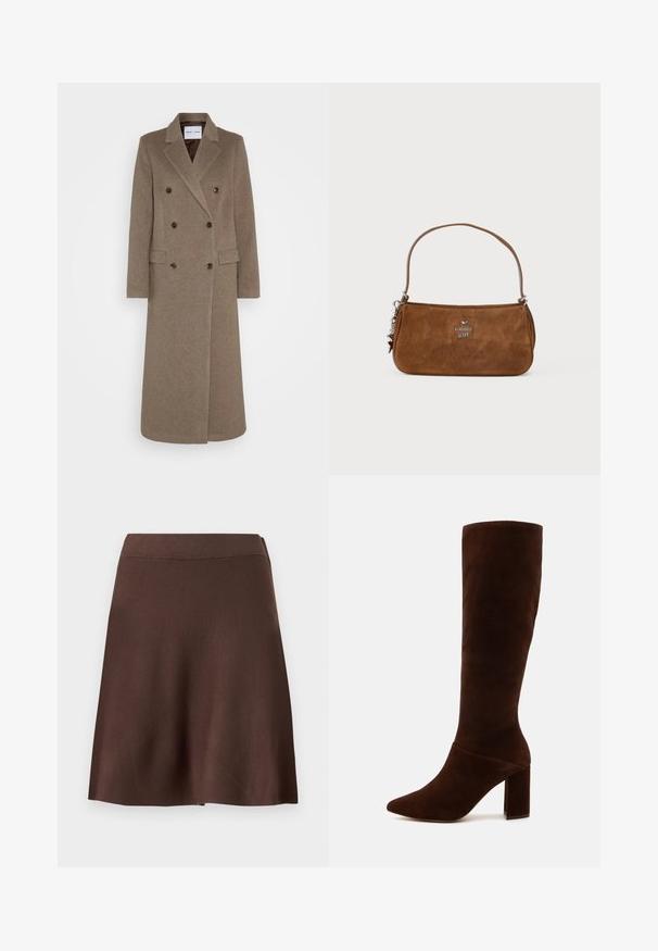 Dubbelsidig brun ullrock med spetsiga slag, två framfickor och kontrasterande bruna knappar. Längden når mitt på vaderna.; Beige långärmad polokrage i mjukt, texturerat tyg; har en smal passform och hög halsringning. Inga synliga mönster eller hårdvara.; Brun A-linjeformad kjol med elastisk midja, slät stickad textur och lätt utsvängning vid kanten mot en enkel ljus bakgrund.; Brun mockakänga i knähöjd med spetsig tå och en kraftig fyrkantig klack. Slät textur med en åtsittande stång och inga synliga stängningar.; Brun mockaläder väska med en kort rem. Innehåller en silverfärgad logotyp, stjärn-accents och slät yta. Kompakt rektangulär form.