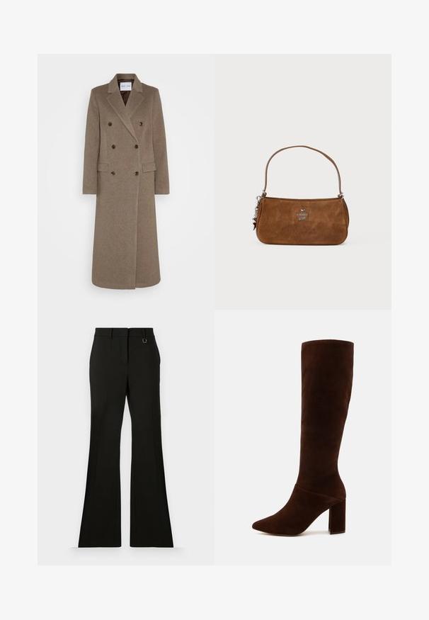Double-breasted brown wool coat with notched lapels, two front pockets, and contrasting brown buttons. Length reaches mid-calf.; Beige long-sleeve turtleneck top made of soft, textured fabric; features a slim fit and high neckline. No visible patterns or hardware.; Black flared trousers with a smooth texture, featuring front pleats, a sleek waistband, and a small decorative metal accent.; Brown suede knee-high boot with a pointed toe and a chunky square heel. Smooth texture with a fitted shaft and no visible fastenings.; Brown suede handbag with a short strap. Features a silver logo, star accent, and smooth texture. Compact rectangular shape.